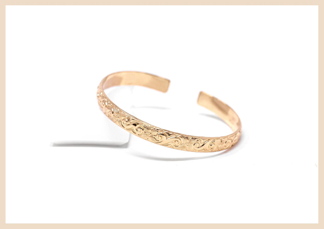 Gold Floral Bangle Cuff Bracelet Engraved and Personalized Jewelry Handmade by Anna Shae Jewelry in Lexington, Kentucky