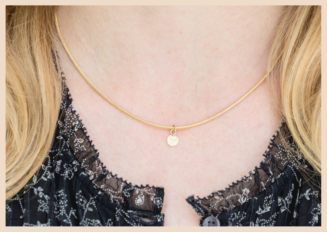 Gold Hammered pendant necklace on a snake chain jewelry in Lexington, Kentucky