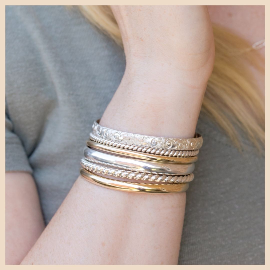 Mixed Metal of Sterling Silver and Gold Bangle Cuff Bracelet Stack for Personalized and Engraved Bracelets in Lexington, Kentucky