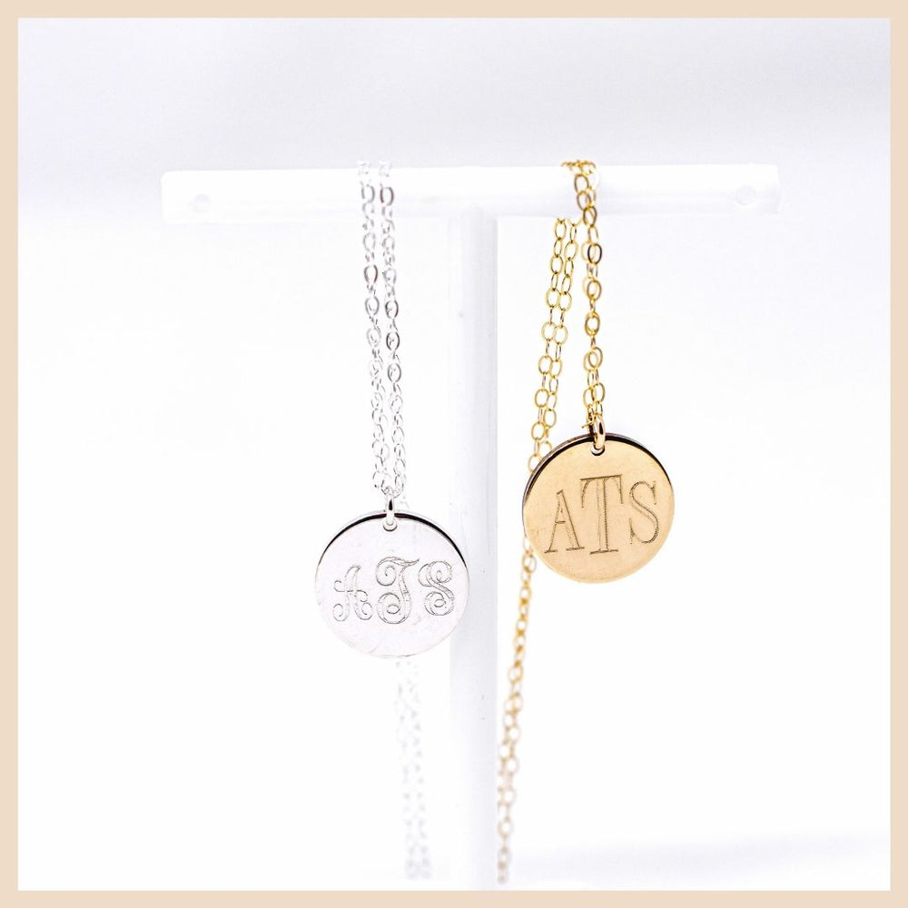 Gold and Sterling Silver Monogram Necklace Round Disk Personalized and Engraved in Lexington, Kentucky