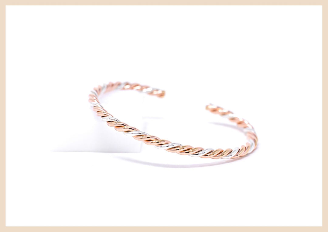 Twisted Rose Gold Bangle Cuff Bracelet Mixed with Sterling Silver