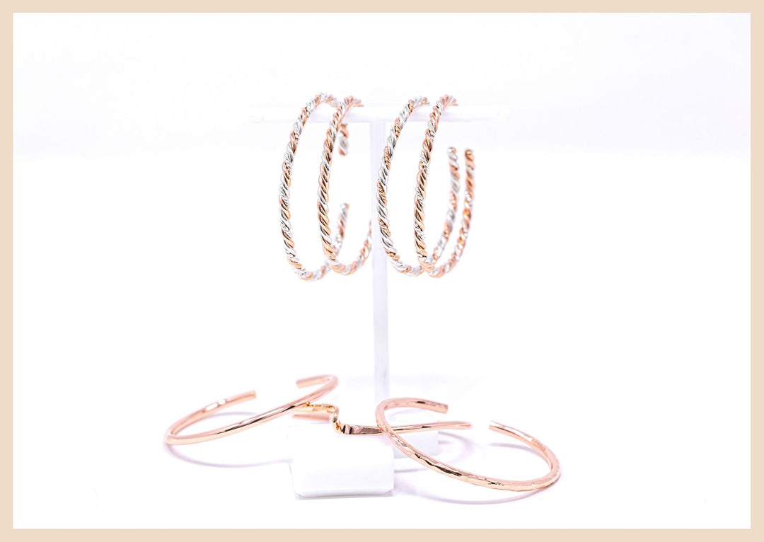 Braided Trifecta Bangle Cuff Bracelet (Rose Gold and Silver)