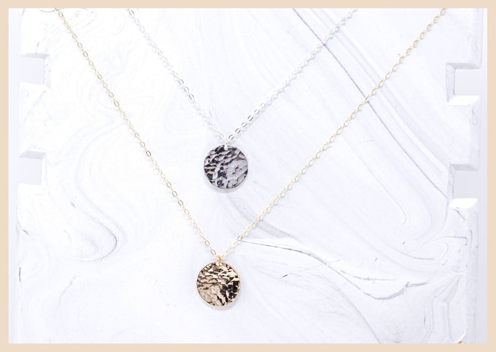 Hammered Circle Disk Necklace in Gold and Silver