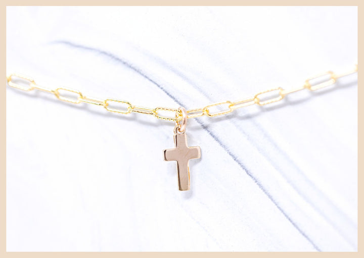 Gold Cross Necklace on a paperclip chain