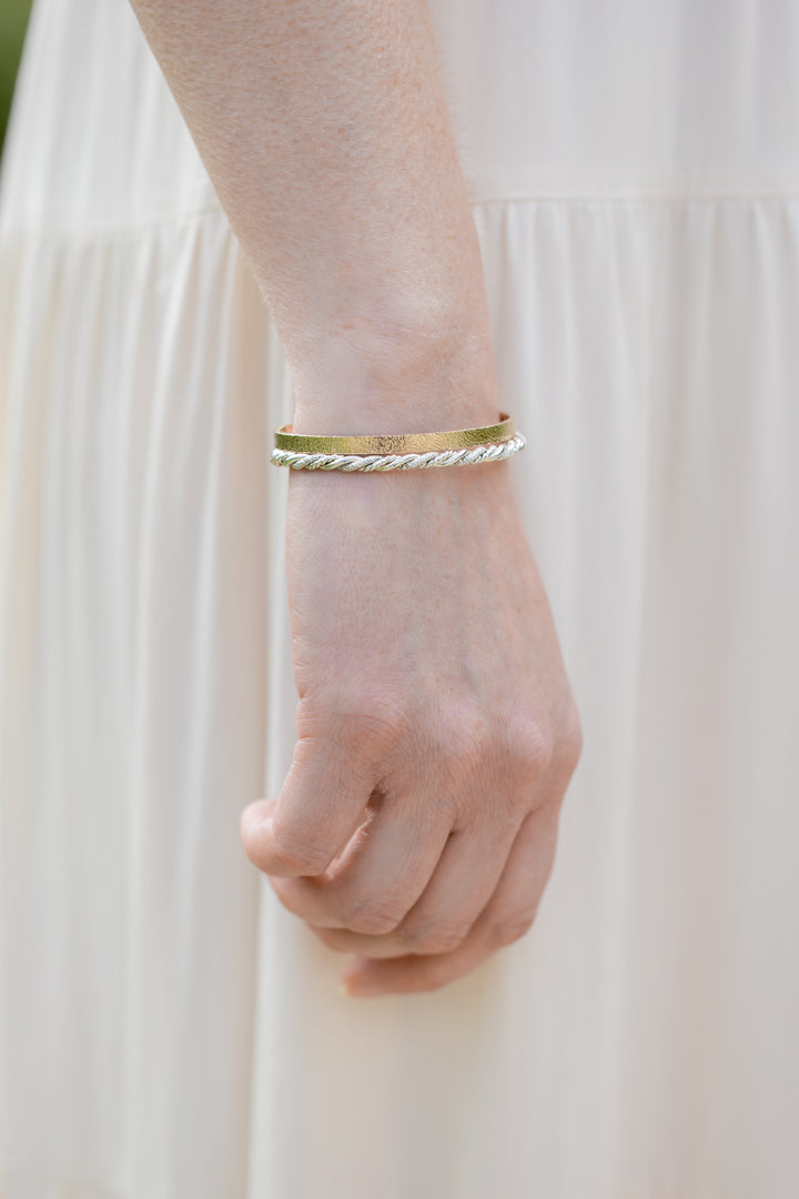 Braided sparkly silver bangle cuff bracelet