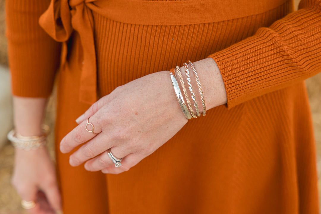 Woven Gold, Silver, and Rose Gold Bangle Cuff Bracelet