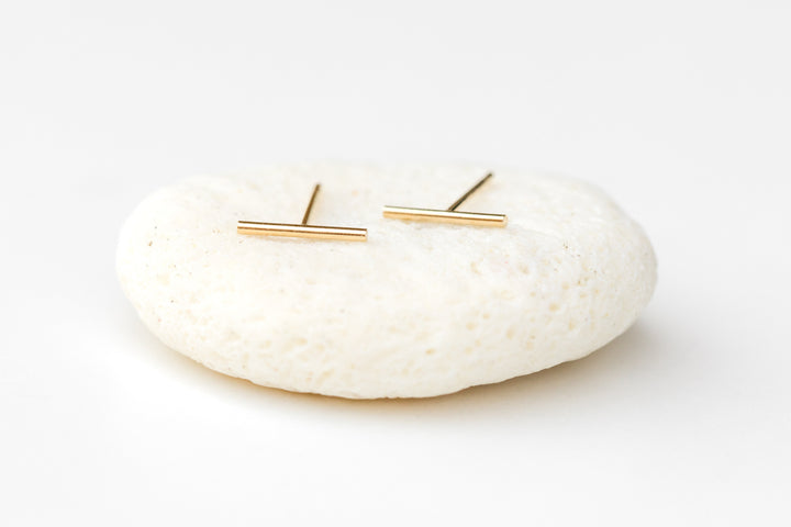 Gold bar minimalistic earring studs made out of gold filled wire by Anna Shae Jewelry in Lexington, Kentucky