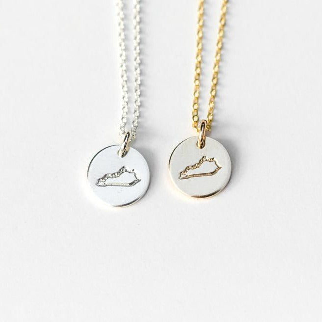 Silver or Gold Kentucky pendant disk necklaces on a gold or silver chain makes for a great local gift by Anna Shae Jewelry in Lexington, Kentucky 