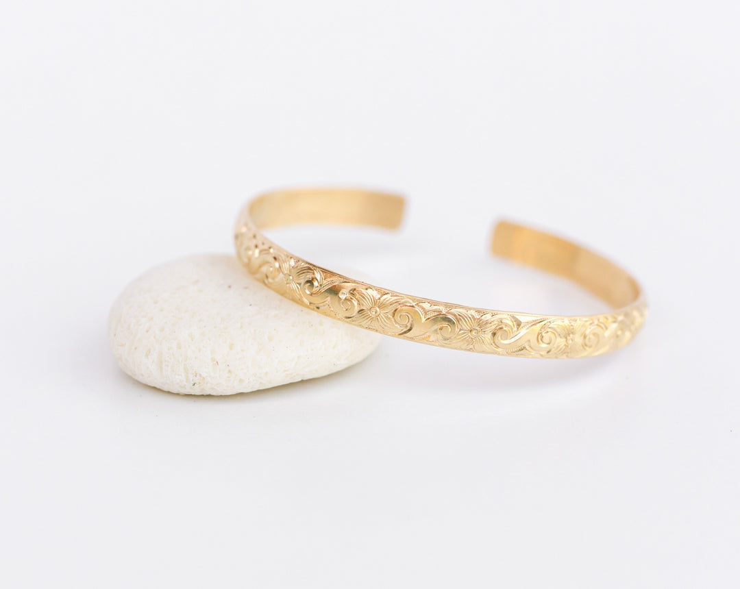 Gold Floral Pattern Wide Bangle Cuff Bracelet Handmade in Lexington, Kentucky by Anna Shae Jewelry.