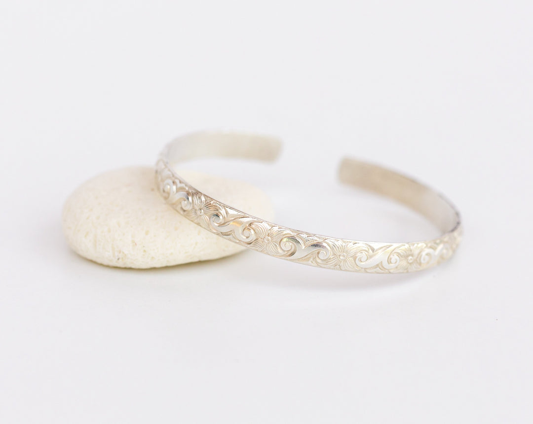 Sterling Silver Pattern Thick Floral Bangle Cuff Bracelet handmade local in local in Lexington, Kentucky by Anna Shae Jewelry