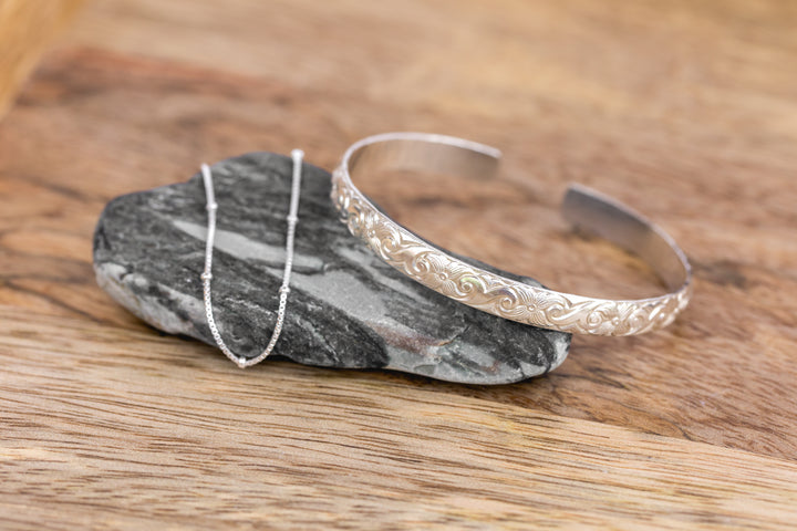 Sterling Silver Pattern Thick Floral Bangle Cuff Bracelet handmade local in local in Lexington, Kentucky by Anna Shae Jewelry