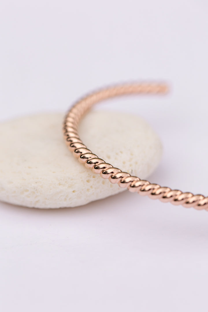 Rose Gold Woven Twisted Bangle Cuff Bracelet handmade by Anna Shae Jewelry in Lexington, Kentucky