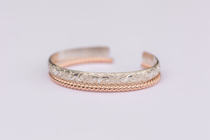 Rose Gold and silver Woven Bangle Cuff Bracelets handmade by Anna Shae Jewelry in Lexington, Kentucky